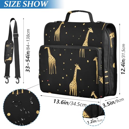 3 Ring Zipper Binder with Shoulder Strap Gold Giraffe Black 1.5 inch Binders Keeper Large Capacity Multi Pockets for School Office Supplies