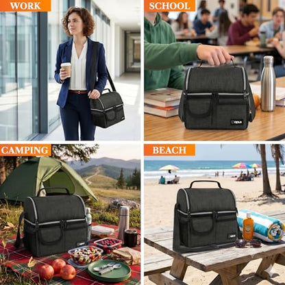 opux Insulated Lunch Bag Women Men, Dual Compartment Leakproof Lunch Box Adults Kids, Double Decker Meal Prep Bento Lunch Cooler Tote with Shoulder Strap for Work Office School Travel, Dark Gray - color: Heather Charcoal