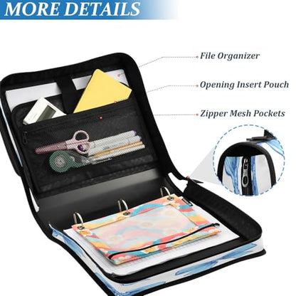Caikeny 3 Ring Zipper Binder Cute Blue Bows Hand Drawn 1.5 inch Binders Bag Expanding File Pockets with Shoulder Strap and Handle - color: Multicolored 1z83.18