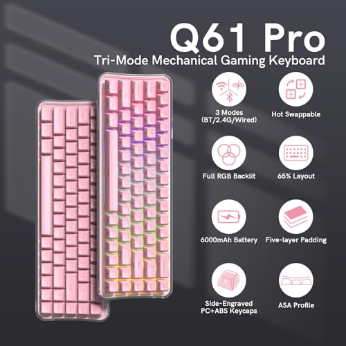 Womier Q61 PRO Wireless Keyboard with RGB Backlighting, 60% Mechanical Gaming Keyboard, Hot-Swappable Creamy Keyboard for PC, BT 5.0/2.4GHz/USB C, ASA Profile, Side-Engraved PC+ABS Keycaps - Pink - color: Pink