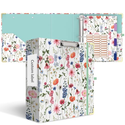 3 Inch 3 Ring Binder with 6 Tab Dividers, 3'' Round Ring Binders for Letter Size, Cute Folders Organizer Clipboard with Storage for School Office Supplies(Wild Flower) - color: Wild Flower, size: 3" Binder with Dividers