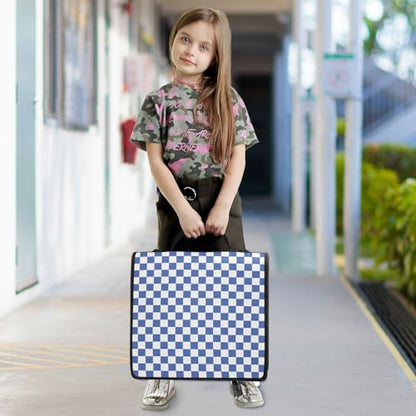 Blue White Checkered Binder Bag 3 Ring Zipper Binders with Shoulder Strap for School Office Organizer Storage - color: Q003