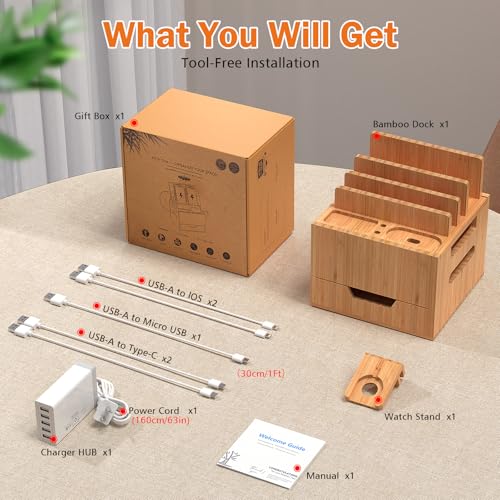Pezin & Hulin Multi Device Charging Station, with Charger HUB Adapter, All in One Large Dock Organizer with Drawer Storage, Compatible with Phones, Tablets, Earbuds (5 Mixed Cables Included) - color: #2 (With Charger)