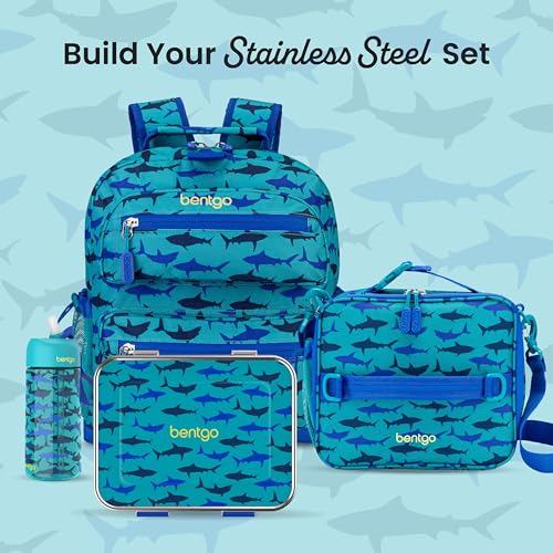Bentgo Kids Stainless Steel Prints Leak-Resistant Lunch Box - 3-Compartments with Bonus Silicone Container, Durable, Eco-Friendly, Dishwasher Safe, BPA-Free, Ideal for School, Ages 3+ (Shark) - color: Shark