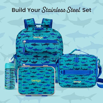Bentgo Kids Stainless Steel Prints Leak-Resistant Lunch Box - 3-Compartments with Bonus Silicone Container, Durable, Eco-Friendly, Dishwasher Safe, BPA-Free, Ideal for School, Ages 3+ (Shark) - color: Shark