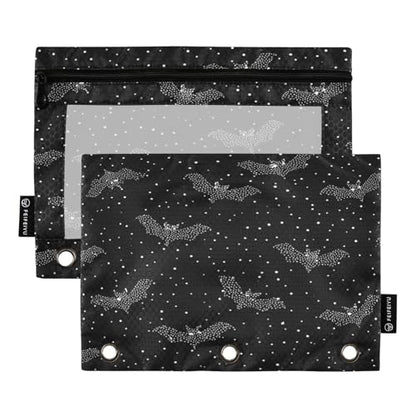 2 Pack Pencil Pouches for 3 Ring Binder Bat Pattern Zipper Pencil Case Bags with Clear Window for Classroom School Office Supplies - color: Halloween Bat