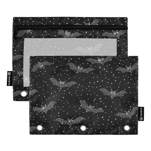2 Pack Pencil Pouches for 3 Ring Binder Bat Pattern Zipper Pencil Case Bags with Clear Window for Classroom School Office Supplies - color: Halloween Bat