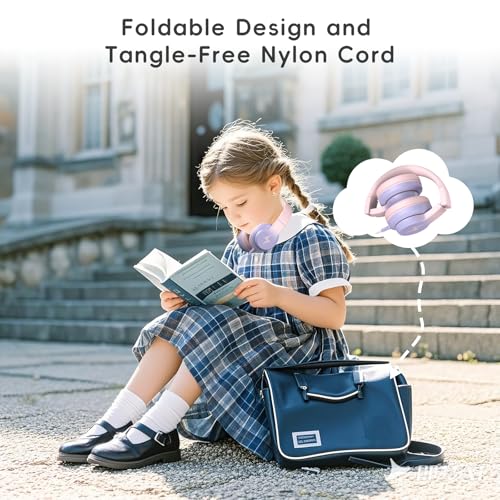 Candy Bila Kids Headphones, Wired Headphones for Kids Over Ear with Microphone, 85/94dB Volume Limiter Headphone for Girls Boys, Foldable Headphone for Learning & Entertainment, Gradient Pink - color: Gradient Pink