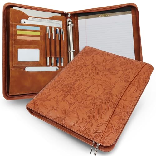 Embossed Faux Leather Zippered Padfolio with 3 Ring Binder, Executive Portfolio Organizer Binder for Women, Fits 13.9" Laptop/Tablet, Refillable Writing Pad Pocket, Brown - color: Brown, size: Zipper Portfolio(13.7"x11"x1.57")