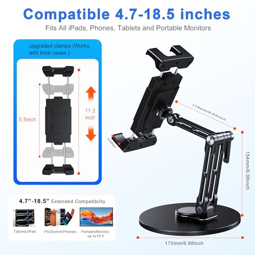 CreaDream iPad Stand for Desk, Portable Monitor Stand with Large Clamp up to 18.5", Tablet Stand Arm Holder with Heavy Duty 360 Rotating Base for 4.7"-13" Tablets, iPad Pro/Air/Mini, Monitors