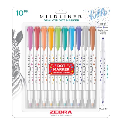 Zebra Pen Mildliner Dual-Tip Dot Stamp Marker, Water-Based Pigment Ink, Create Small and Large Bullets & Dots, Ten Assorted Colors, Ideal for Journaling and Bulleted Lists, 10-Pack (73310) - color: Assorted 10