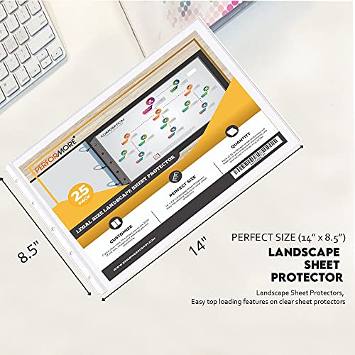 PERFORMORE Pack of 8.5” x 14” Heavyweight Landscape Sheet Protectors, Legal Paper Sleeves, Clear Archival Quality, Horizontal Legal Size Clear Sheet Protectors for Binders Documents (25)