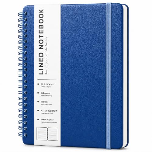 Lined Spiral Notebook for Women, A5 College Ruled Leather Spiral Journals | 160 Pages Small Journaling Notebooks, 5.7"x11" Note Book for Writing, Work, School, Men, Hardcover Leather Journals, Blue - color: Blue, size: A5