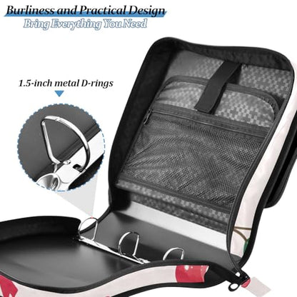 Cherry Bow Pattern 3 Ring Zipper Binder Bag Binder Organizer with Handle Shoulder Strap for School Work Office Supplies - color: Cherry Bow Pattern