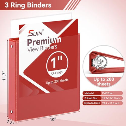 SUIN 1 Inch 3 Ring Binder, Clear 1'' View Presentation Binders with 2 Pockets, Fits 8.5 x 11 Letter Size, Durable Polypropylene, Non-Stick & PVC-Free for School, Office & Home (Red) - color: Red