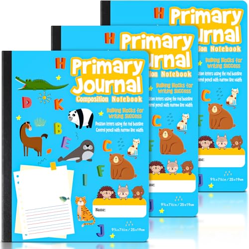 Watersay 3 Pcs Primary Composition Notebook K-2 with Picture Space Primary Journal Grades K-2 Animal Print 50 Sheet (100 Pages) Drawing and Writing Notebook for Preschool, 1st 2nd Grade (Blue Color)