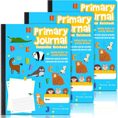 Watersay 3 Pcs Primary Composition Notebook K-2 with Picture Space Primary Journal Grades K-2 Animal Print 50 Sheet (100 Pages) Drawing and Writing Notebook for Preschool, 1st 2nd Grade (Blue Color)