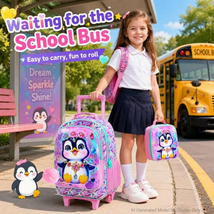3Pcs Rolling Backpack for Girls, Penguins Kids School Backpacks with Wheels, Roller Bookbag with Lunch Box for Elementary Preschool(Pink) - color: Penguin Pink