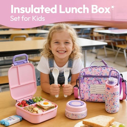 Itslife Bento Box for Kids Set, Insulated Food Container,Kids Lunch Box, 7 oz Thermos for Hot Food, 12 oz Thermos Water Bottle, Reusable Insulated Ice Bag & Fork Spoon Utensils Camping Travel Pink - color: Pink-DJ