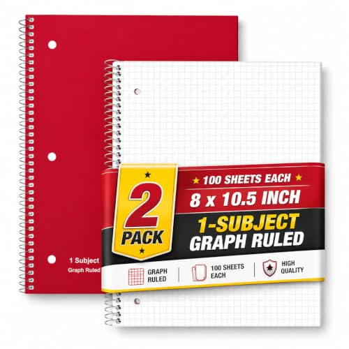 1InTheOffice Graph Ruled Spiral Notebook, 1 Subject Notebook, Wirebound Graph Paper Notebook 8 x 10.5 Inch, 70 Sheets, 5 Squares Per Inch, 3 Hole Punched