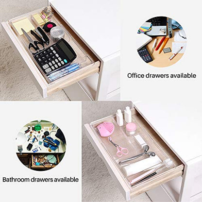 Oubonun Expandable Drawer Organizer 11.1” to 19.2” Width, Shallow Cosmetic Organizer 1.3” Height, 4 Packs, Clear Plastic Storage Trays for Dressing Table,Bathroom - style: Shallow 4 Packs