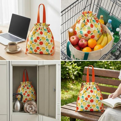 Solid Color & Fruit Print Lunch Bag, Insulated Leakproof Drawstring Pouch with 5mm Anti-Sag Base for Adult Work Commute Picnic (Lemon Fruit Print) - color: Lemon Fruit Print