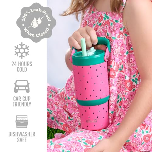 Ello Oasis Go 14oz Stainless Steel Kids Tumbler with Top Handle & Retracting Straw, 100% Leakproof, Double-Wall Vacuum Insulated, Kids Water Bottle for School, BPA Free, Dishwasher Safe, Watermelon - color: Watermelon, size: 14 Ounces