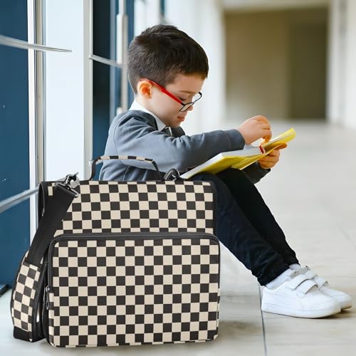 Beige Black Checkered Binder Bag 3 Ring Zipper Binders with Shoulder Strap for School Office Organizer Storage - color: Q001
