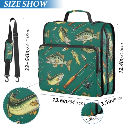 3 Ring Zipper Binder Bass Fish Fishing Poles 500 Sheets Capacity Binder Organizer Bag with Shoulder Strap and Handle for School Office College Students - color: Bass Fish