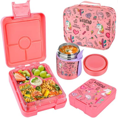 Pawtong Bento Lunch Box Set With 10oz Soup Thermo, Leak-proof Lunch Containers with 4 Compartment, Kids Hot Thermo Food Jar/Insulation Lunch Bag, Food Containers for School（Flamingo） - color: Pink-flamingo