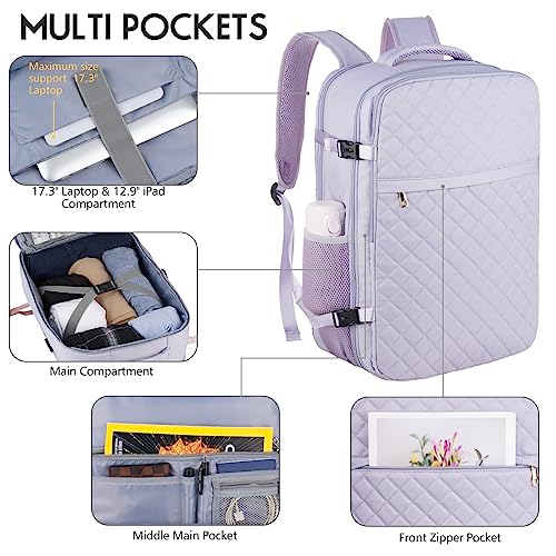 MOMUVO Large Travel Backpack Women, Flight Approved Carry On Backpack, Water Resistant Anti-Theft Large Casual Daypack Fit 17 Inch Laptop with USB Charging Port - color: Purple, size: 17.3 inch