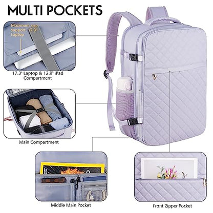 MOMUVO Large Travel Backpack Women, Flight Approved Carry On Backpack, Water Resistant Anti-Theft Large Casual Daypack Fit 17 Inch Laptop with USB Charging Port - color: Purple, size: 17.3 inch