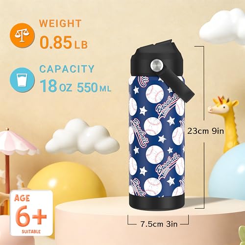 Boys Baseball Water Bottle for School，Kids 18 oz Insulated Stainless Steel Cup with Straw, Double-Wall Vacuum Leakproof - color: C14.Baseball