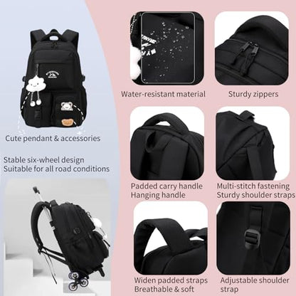 Black Rolling Backpack with Wheels for Girls Boys, Kids Roller Wheeled Backpack Middle School Bag, Trolley Rolling Bookbag on 6 Wheels - color: 6 Wheels Black