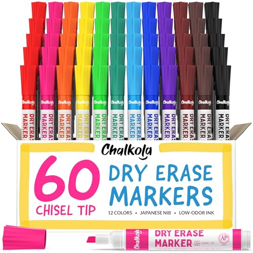 Chalkola Dry Erase Markers Bulk (60 Pack, 12 Vibrant Colors) Chisel Tip | WhiteBoard Markers, Dry Erase Pens - White Board Pens for Kids, Teachers - Home, Office, School Classroom Supplies - color: 12 Colors, size: Chisel Tip