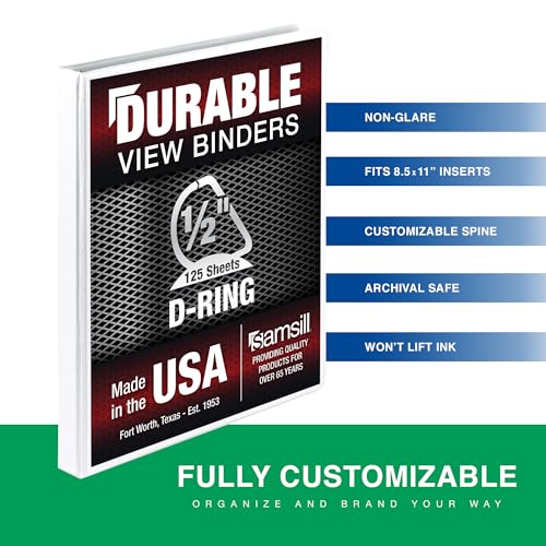 Samsill Durable 0.5 Inch Binder, D Ring Binder, Customizable Clear View Cover, Pearl White, Holds 125 Pages - color: Pearl White, size: 1 Pack