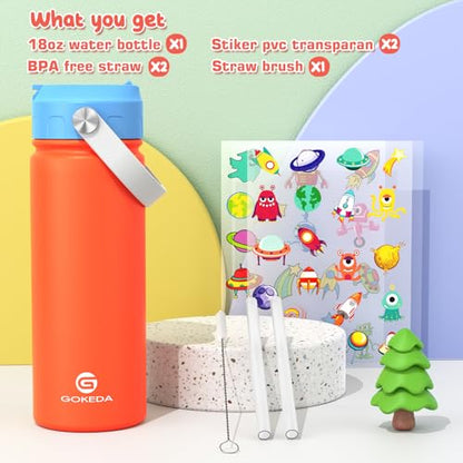 GoKEDA 18oz Kids Water Bottle, Stainless Steel Straw Cup | DIY Stickers, BPA-Free, 316 Stainless Steel, Keeps Cold 24h, Leak-proof, Dust-Proof Lid, Sturdy, School, Gifts - color: Blue Orange