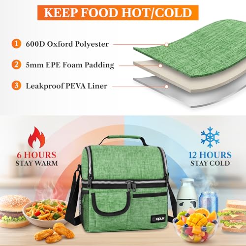 opux Insulated Lunch Bag Women Men, Dual Compartment Leakproof Lunch Box Adults Kids, Double Decker Meal Prep Bento Lunch Cooler Tote with Shoulder Strap for Work Office School Travel, Green - color: Heather Green