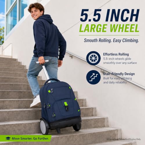 CCJPX 3Pcs Men & Boys Rolling Backpack with Bigger Wheels, Extra-Large Wheeled Bookbag with Lunch Box, Water Resistant Roller Luggage for Travel, Work, College (Blue) - color: Blue(upgrade Large Wheel)