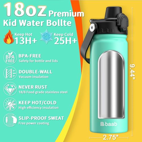 baab 18oz Kids Water Bottle, Insulated Kids Water Bottle with Lockable Spout Lid & Stickers, 18/8 Stainless Steel Vacuum Leakproof Kid Water Cup with Boy Girl & School (Mint Green, 1 Pack) - color: Mint Green, size: 18 Ounces