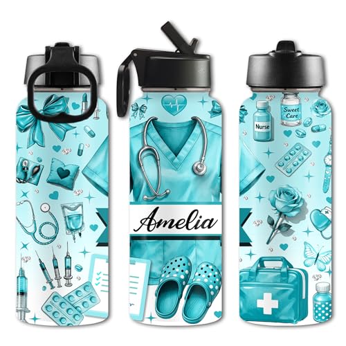 Custom Nurse Water Bottle 18/32oz Stainless Steel Insulated with Lid Personalized Nurse Gifts for Women Medical Staff Inspiration Gifts for Nurse Week Graduation Birthday Healthcare Worker - color: Design-2