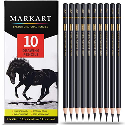 MARKART Professional Charcoal Pencils Drawing Set - 10 Pieces Soft Medium and Hard Charcoal Pencils for Drawing, Sketching, Shading | Charcoal Pencils for Drawing, Sketching, Shading, Artist Pencils for Beginners & Pro Artists - color: Black