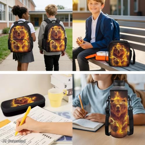 Cool Bear Backpack for Boys Kids Backpack for Girls with Lunch Bag Pencil Case Bottle Bag Kids Bookbag Teen Girl Backpacks for Elementary Middle High School 17 inch Back-to-School Gifts - color: Cool Bear