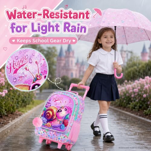 3Pcs Rolling Backpack for Girls, Kids Roller School Backpack with Wheels, Snail Wheeled Bookbag for Elementary Preschool Kindergarten(Pink) - color: Snail Pink