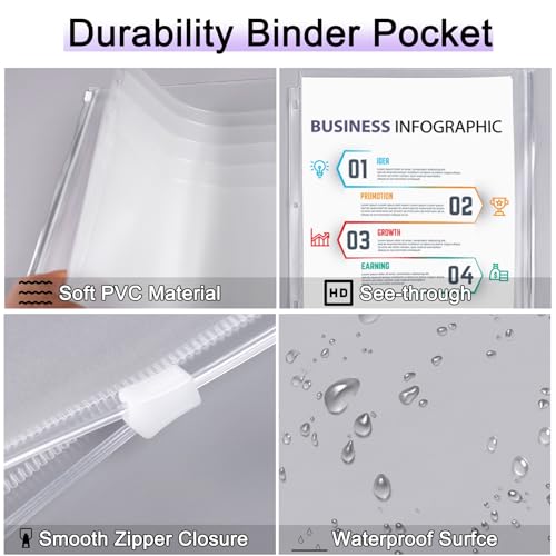 Antner 12 Pack Letter Size Binder Pockets 3 Holes Zipper Binder Folders for 3-Ring Binder, Clear PVC Loose Leaf Bag Binder Pouch Insert Pages Sheet Protectors Waterproof Document Filling Storage Bags