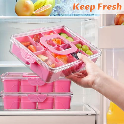 Snackle Box Container, Dishwasher Safety - Divided Serving Tray with Lid and Handle, Charcuterie Board for Portable Snack Platters - Organizer for Fruits Snacks - Perfect for Road Travel Party - Pink