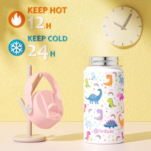 Fimibuke Kids Insulated Water Bottle, 14oz BPA FREE 18/8 Stainless Steel Travel Tumbler Double Wall Vacuum Leak Proof Kids Cup with Straw Metal Bottle for School Boys Girls(1 Pack, WHITE DINOSAUR) - color: A12. WHITE DINOSAUR