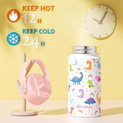 Fimibuke Kids Insulated Water Bottle, 14oz BPA FREE 18/8 Stainless Steel Travel Tumbler Double Wall Vacuum Leak Proof Kids Cup with Straw Metal Bottle for School Boys Girls(1 Pack, WHITE DINOSAUR) - color: A12. WHITE DINOSAUR