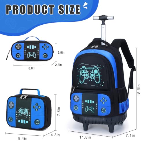 Bevalsa Rolling Backpack for Boys,Cool Luminous Gamer Roller School Backpacks with Lunch Box & Pencil Case,Kids Wheeled Schoolbag Bookbag with Wheels for Kindergarten Elementary School Travel - color: Blue Game