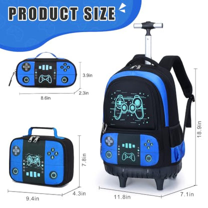 Bevalsa Rolling Backpack for Boys,Cool Luminous Gamer Roller School Backpacks with Lunch Box & Pencil Case,Kids Wheeled Schoolbag Bookbag with Wheels for Kindergarten Elementary School Travel - color: Blue Game